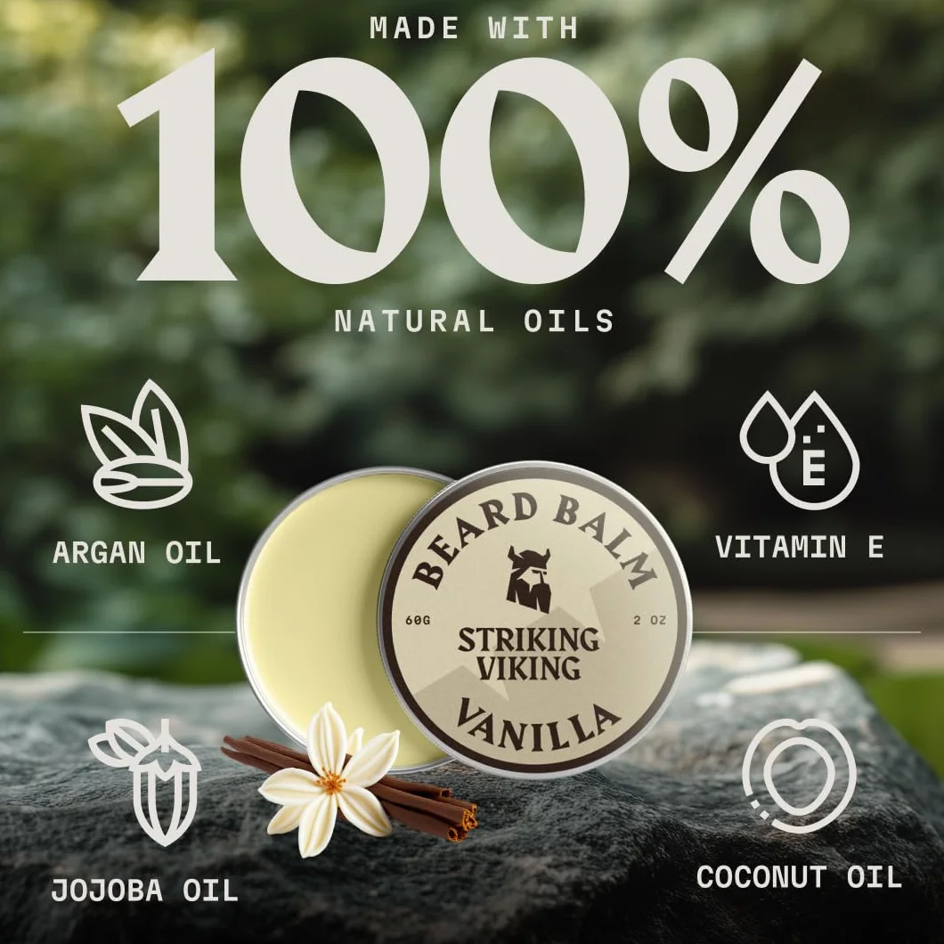 Striking Viking Balsamo per barba da uomo, Beard Balm – Balsamo per barba Leave-in con burro di karitè, tea tree, argan e olio di jojoba (60 ml (Pack of 2), Vaniglia)