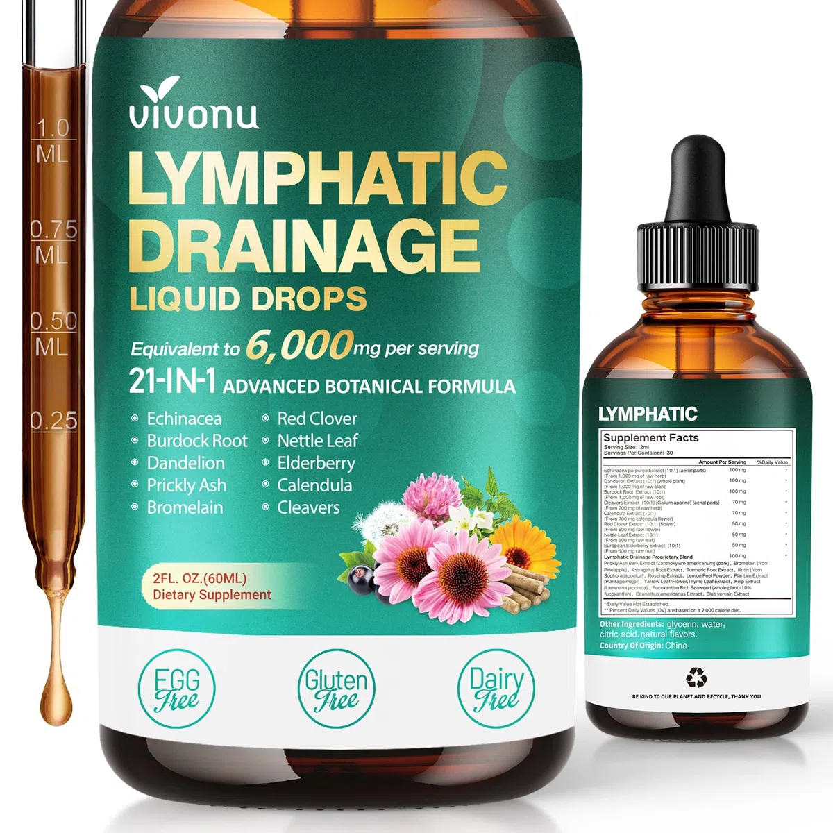 VivoNu Linfatica Gocce - Sostiene l'assorbimento del sistema immunitario - l'equilibrio e il benessere - contro le gambe pesanti - 100% naturale - 60 ml - senza OGM