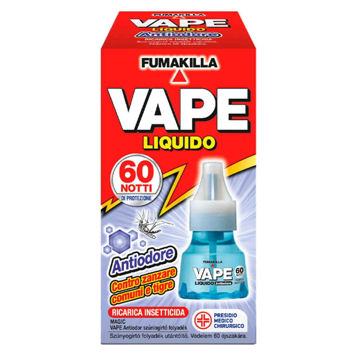 Vape Ricarica Liquida Antiodore 60 Notti per Diffusore Elettrico Insetticida Zanzare Comuni Tigre e Mosche Presidio Medico Chirurgico - 4 Confezioni