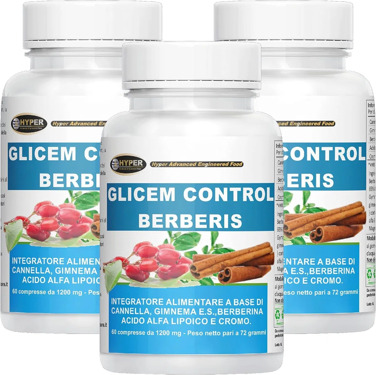 Hyper Glicem Control Berberis 3 Box da 60 Cpr - Integratori per Glicemia con Berberina, Gymnema, Cannella, Acido Alfa Lipoico e Cromo Picolinato - Metabolismo dei Carboidrati - Made in Italy