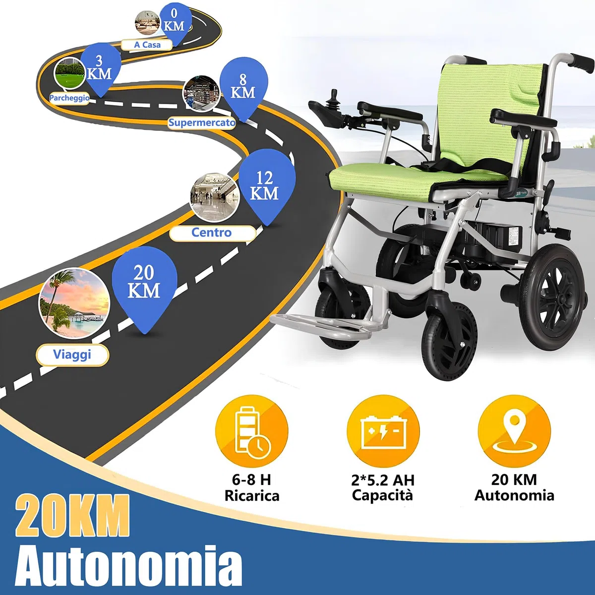 AMITD Sedia a Rotelle Elettrica, Carrozzina Elettrica Pieghevole Leggera 17 kg, Autonomia 20 km Batterie Doppia, Motore 400 w, Portata 120kg, Controller Doppio a 360 Gradi, per Scale Disabili