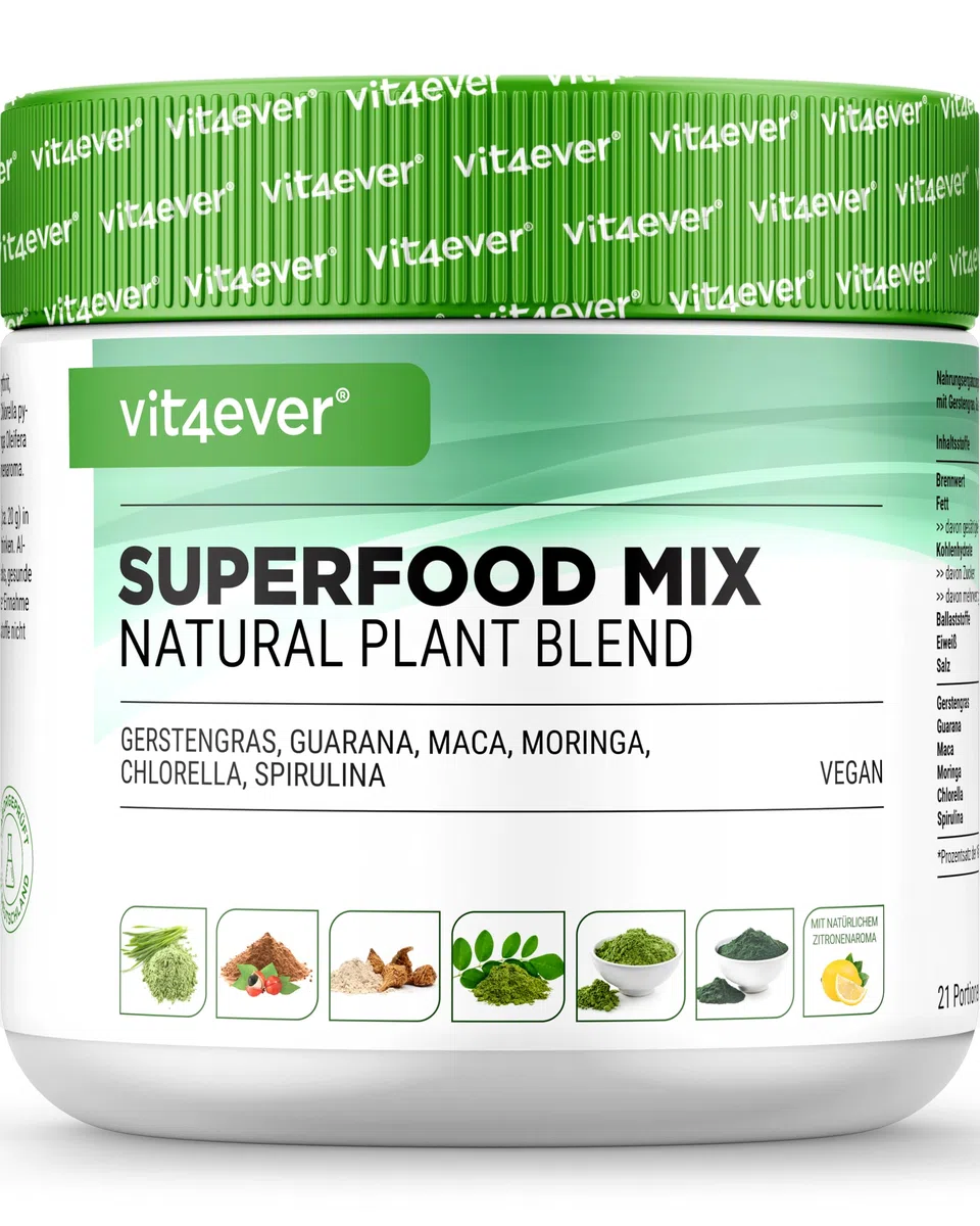 vit4ever Superfood Mix Polvere – 420 g con 6 Superfoods (Erba d'Orzo, Spirulina, Chlorella, Moringa, Maca e Guaranà) - con Gusto Naturale di Limone