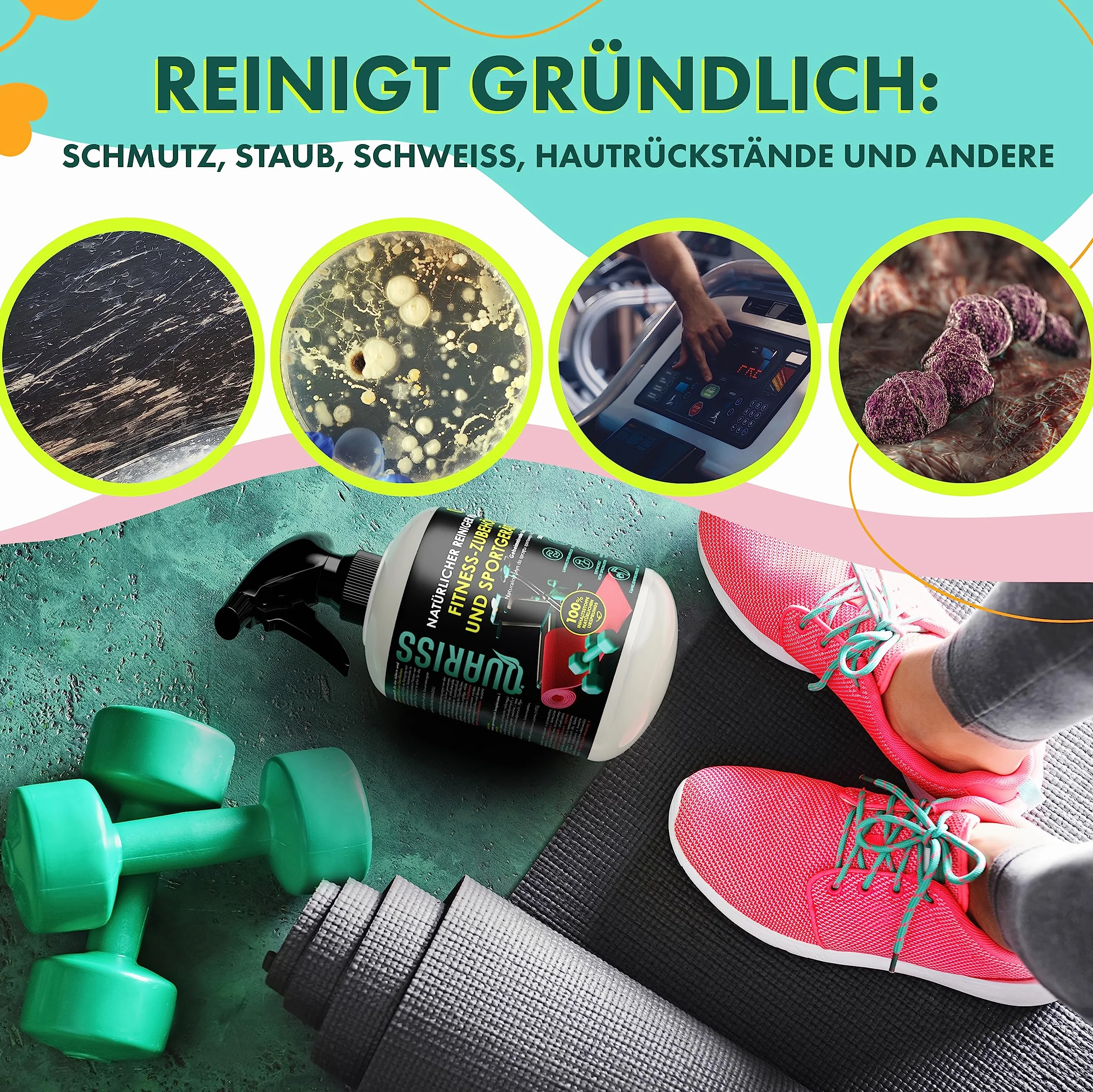 Detergente naturale al 100% per accessori fitness e attrezzature sportive - Tappetini - Superfici impermeabili sostenibili e vegane 0,5 litri