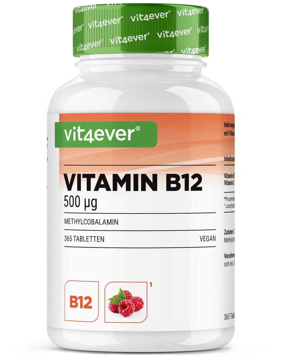 Vitamina B12 Vegan - 365 pastiglie al gusto di lampone - Alto dosaggio di 500 µg di B12 per compressa - Metilcobalamina attiva + vitamina C
