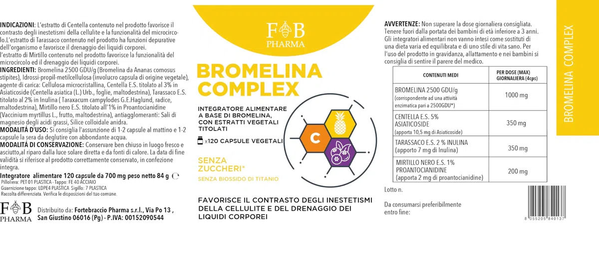 BROMELINA COMPLEX – Integratore con Bromelina, Tarassaco, Centella Asiatica e Mirtillo Nero – Favorisce il Drenaggio dei Liquidi Corporei e la Funzionalità del Microcircolo, Prodotto in Italia
