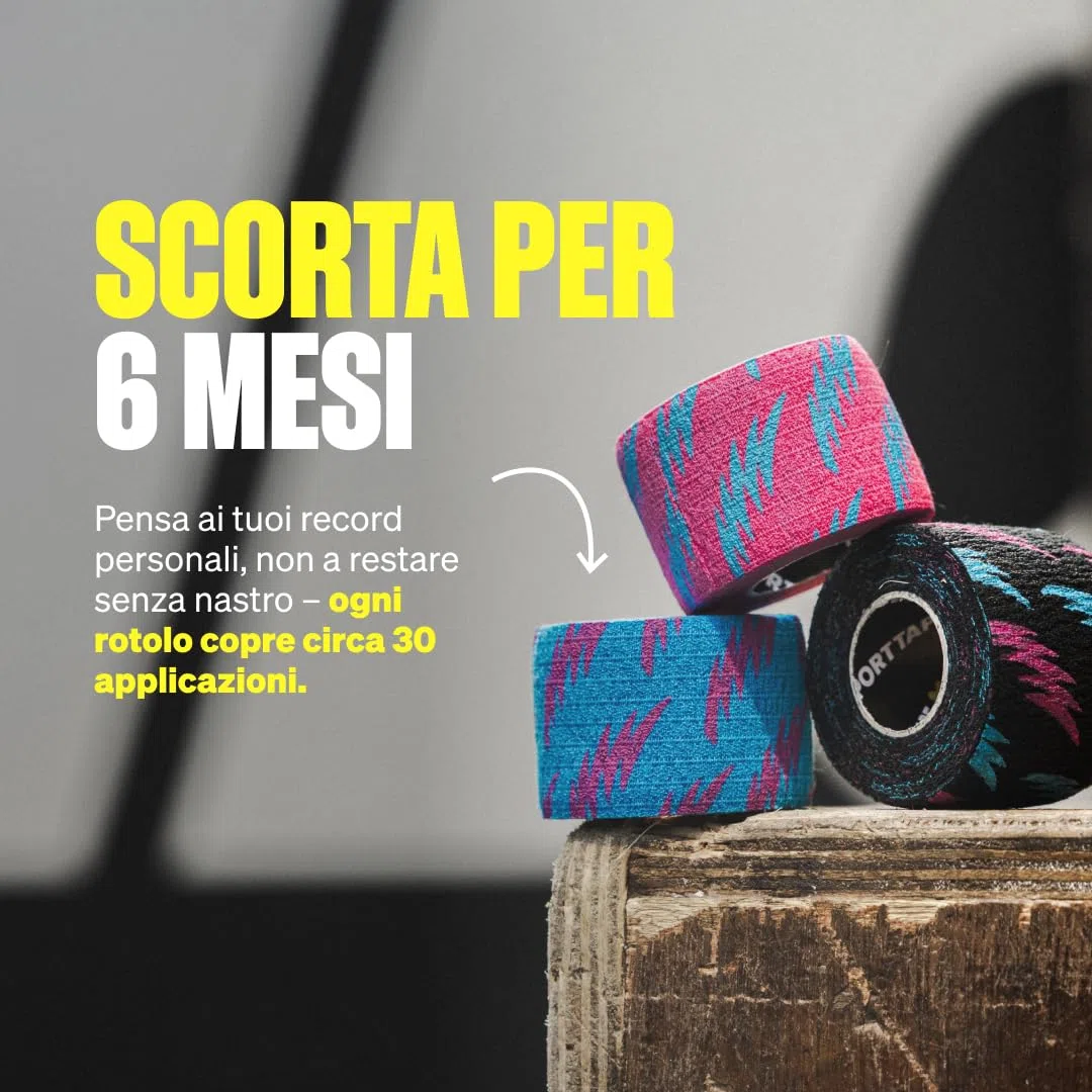 SPORTTAPE 6 Rotoli Nastro Pollice Sollevamento Pesi 3,8cm x 4,5m | Nastro Grip a Uncino per CrossFit & Powerlifting | Anti-Sudore, Facile da Strappare, Protezione per Mani e Dita | Pack Misto