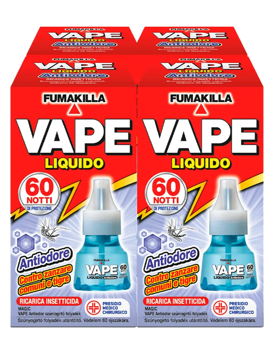 Vape Ricarica Liquida Antiodore 60 Notti per Diffusore Elettrico Insetticida Zanzare Comuni Tigre e Mosche Presidio Medico Chirurgico - 4 Confezioni