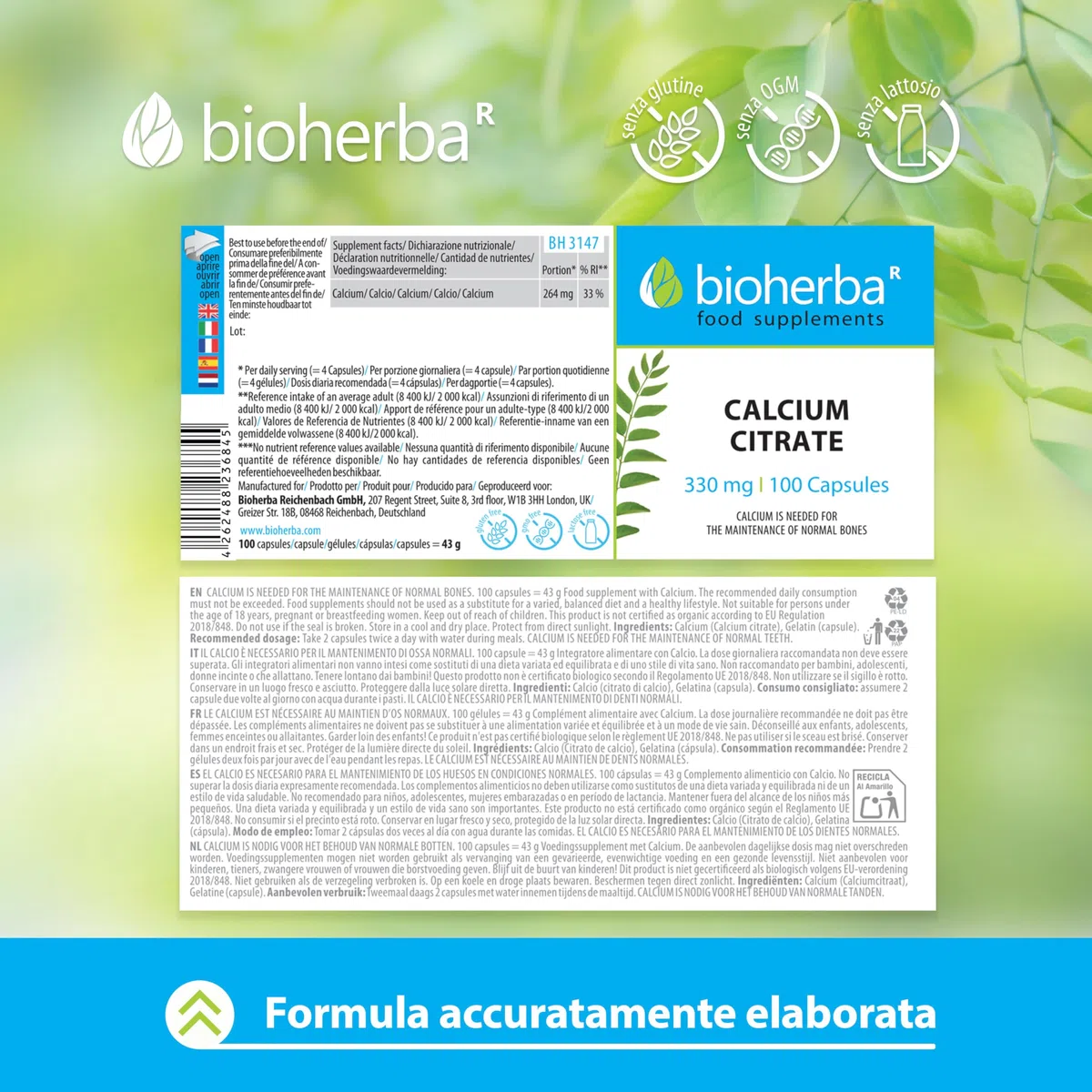 Citrato di Calcio 330 mg - 200 Capsule - Integratore ad Alta Potenza per Ossa e Denti Forti di BIOHERBA