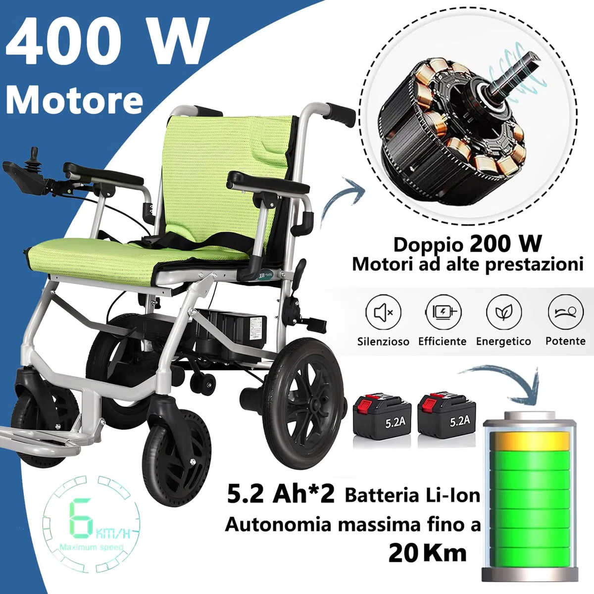 AMITD Sedia a Rotelle Elettrica, Carrozzina Elettrica Pieghevole Leggera 17 kg, Autonomia 20 km Batterie Doppia, Motore 400 w, Portata 120kg, Controller Doppio a 360 Gradi, per Scale Disabili