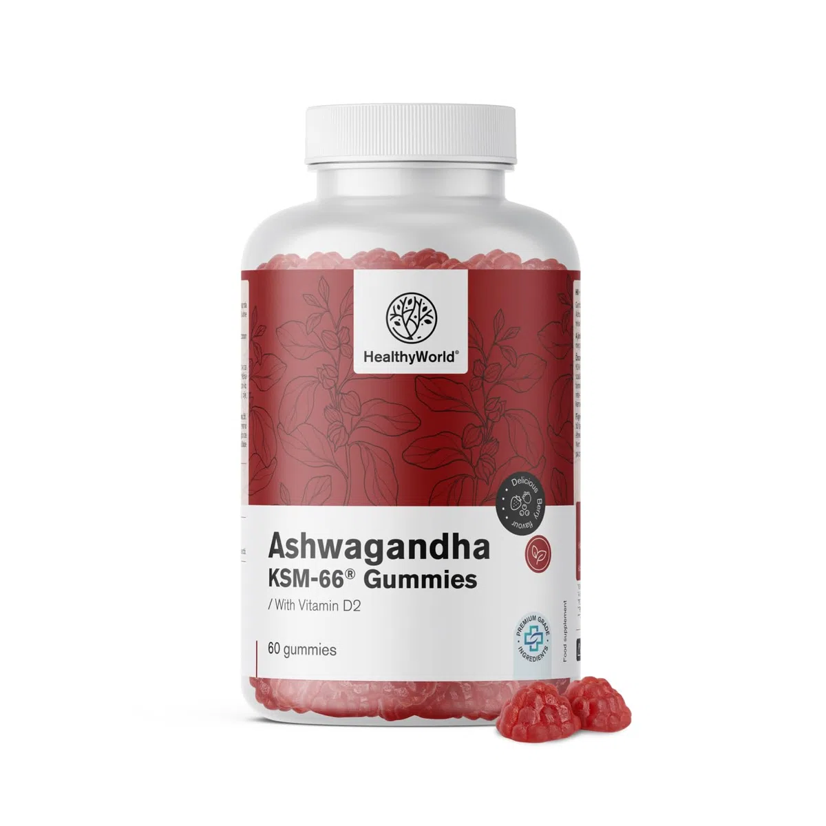 HealthyWorld® Ashwagandha KSM-66® 300 mg - 60 caramelle gommose - Vegano - Senza Glutine - 300 mg nella Dose Giornaliera - Gusto di Frutti di Bosco con Vitamina D2 - Per 1 mese - Antistress