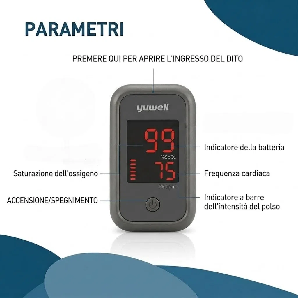 Saturimetro Da Dito Professionale Certificato, Ad Alta Precisione Per Misurare SpO₂, Frequenza Cardiaca E Indice Di Perfusione, Con Allarme, Uso Domestico E Clinico; Modello: YX105