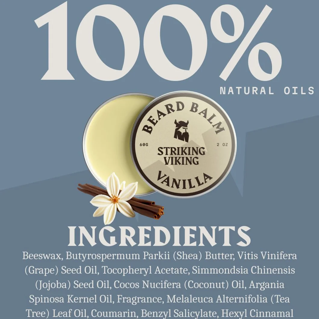 Striking Viking Balsamo per barba da uomo, Beard Balm – Balsamo per barba Leave-in con burro di karitè, tea tree, argan e olio di jojoba (60 ml (Pack of 2), Vaniglia)