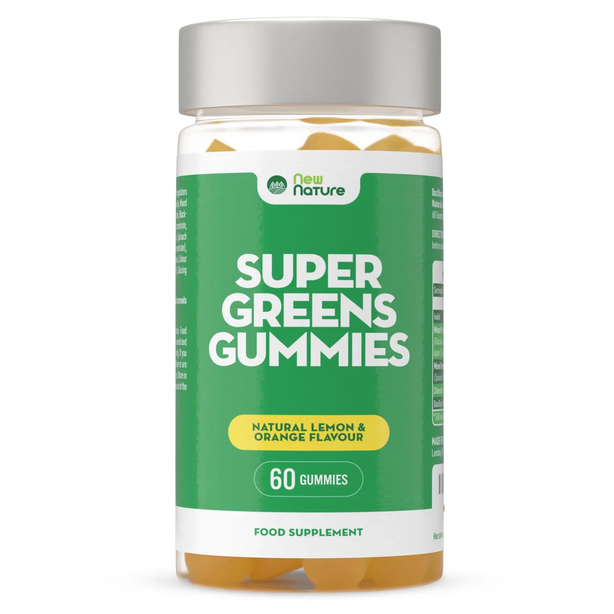 New Nature Super Green - Orsetti gommosi – Supplemento superfood con frutta e verdura in polvere, clorella & Bacillus Coagulans – 60 limone-arance gomma – senza gelatina