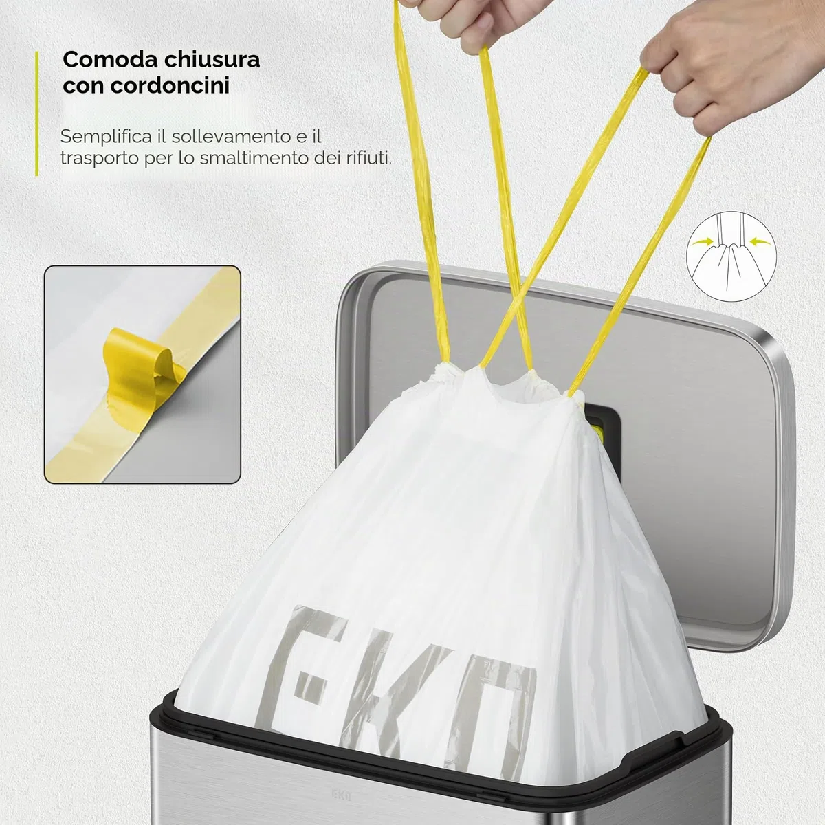 EKO - Sacchetti Pattumiera - Code F - 60 Pezzi - 40-60 Litri - Extra Resistenti Anti-Goccia con Maniglie a Chiusura Automatica - Bianchi - Ideali per Cucina e Casa
