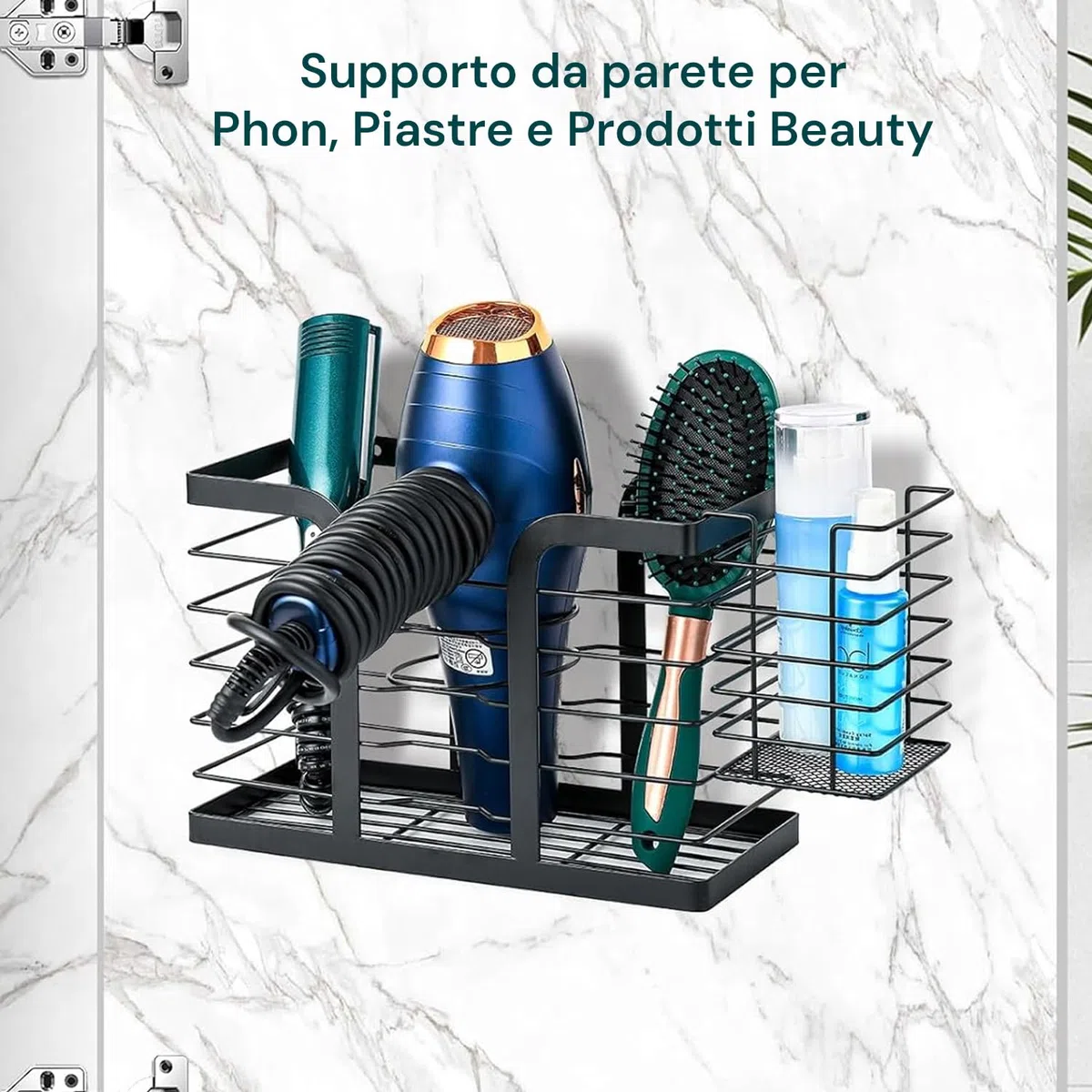 Wintem - Porta Phone Bagno da Muro con Mensola Multiuso Senza Fori per Phon e Piastra, Ideale per Accessori Beauty, Facile da Installare con Adesivi Resistenti, Design Salvaspazio