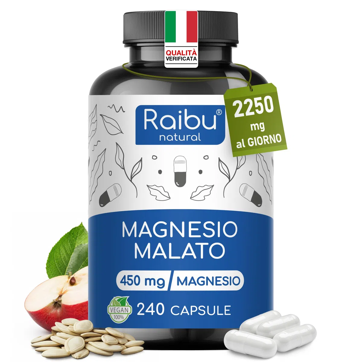 Magnesio Malato 2250 mg al Giorno - 240 Capsule Vegane - 450 mg di Magnesio Elementare - Normale Metabolismo Energetico, Stanchezza e Funzione Muscolare - Elevata Biodisponibilità, Senza Additivi