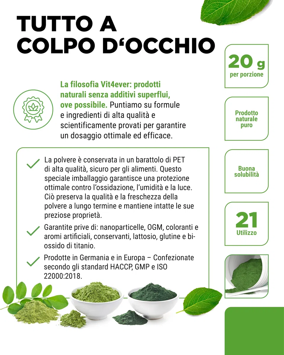 vit4ever Superfood Mix Polvere – 420 g con 6 Superfoods (Erba d'Orzo, Spirulina, Chlorella, Moringa, Maca e Guaranà) - con Gusto Naturale di Limone