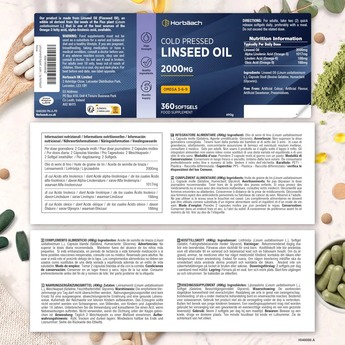 Olio di Semi di Lino 2000mg | Linseed Oil | 360 capsule | Omega 3 6 9 con acido alfa linolenico ad alta resistenza (ALA) | Supplemento spremuto a freddo | di Horbaach