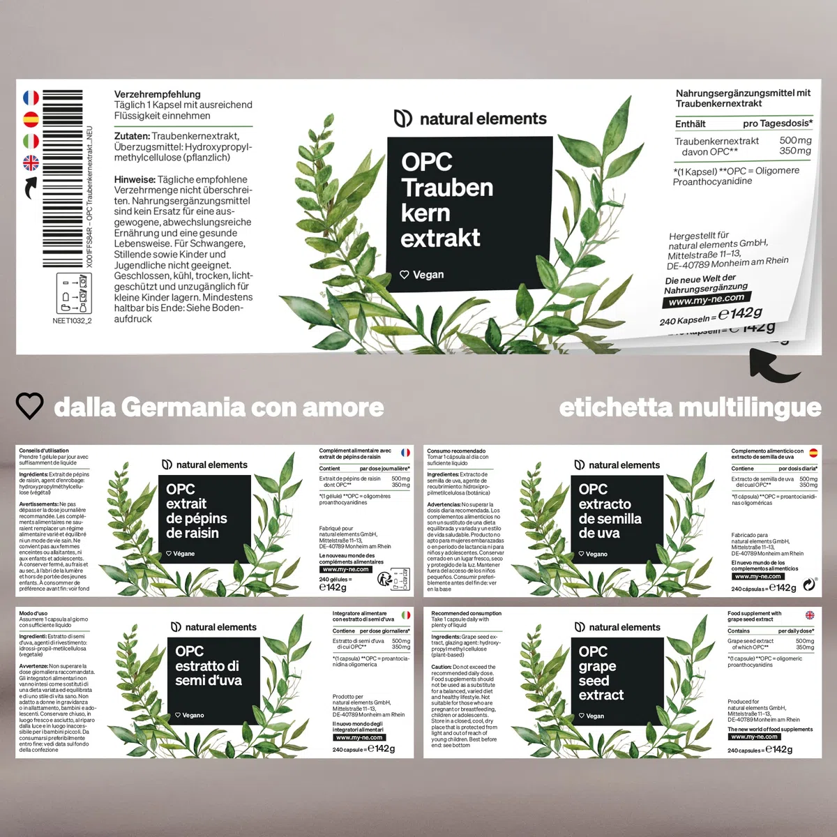 Integratore OPC – Estratto di semi d’uva OPC – 240 capsule per 8 mesi – natural elements – OPC testato in laboratorio da uva europea