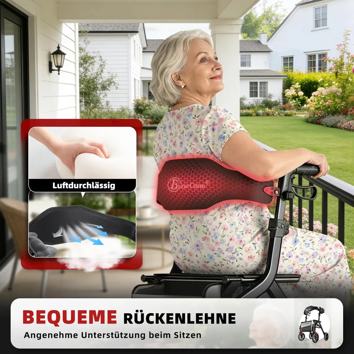 BeneCane Deambulatore da Esterno Pieghevole e Leggero come Ausilio per Camminare e Alzarsi, Rollator da Viaggio Regolabile in Altezza con Sedile, per Anziani con Borsa e Cintura Posteriore