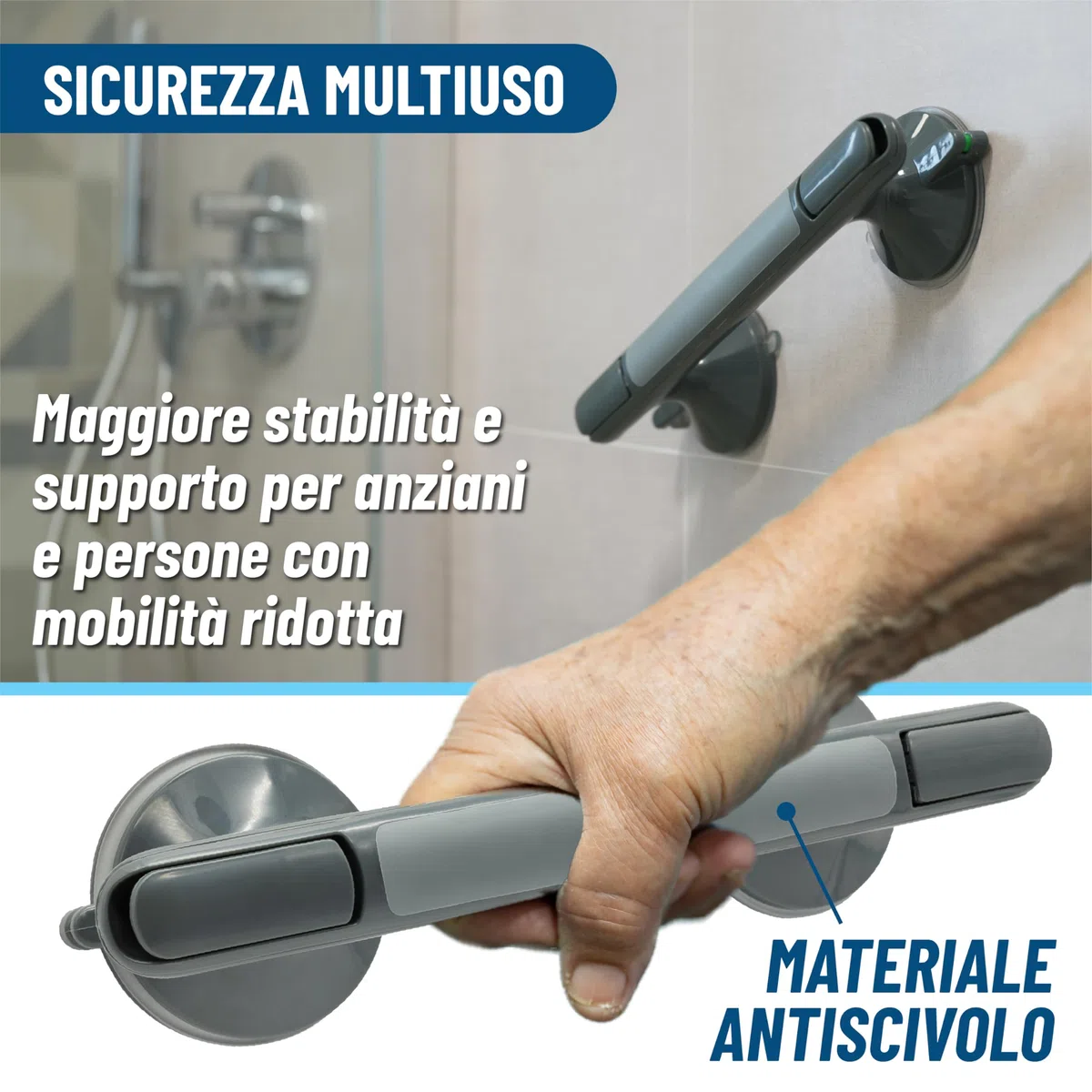 Maniglia Doccia Anziani, Maniglione Bagno Disabili A Ventosa Con Doppia Sicura grigia