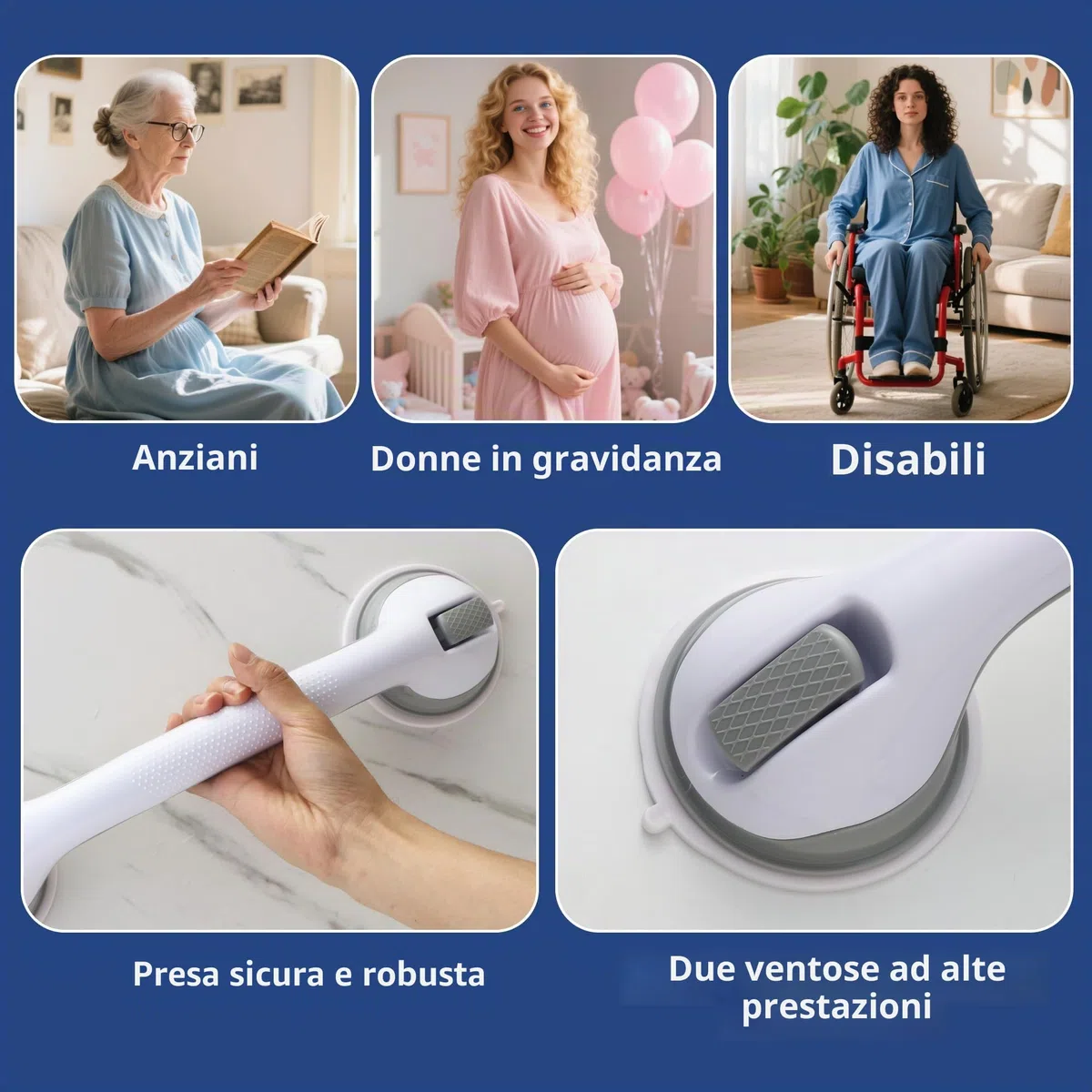 Maniglia Ventosa per doccia senza fori, Maniglia Doccia Anziani antiscivolo per bagno,Confezione da 2, adatta per anziani, donne incinte, bambini, supporto per vasca da bagno, doccia e WC.