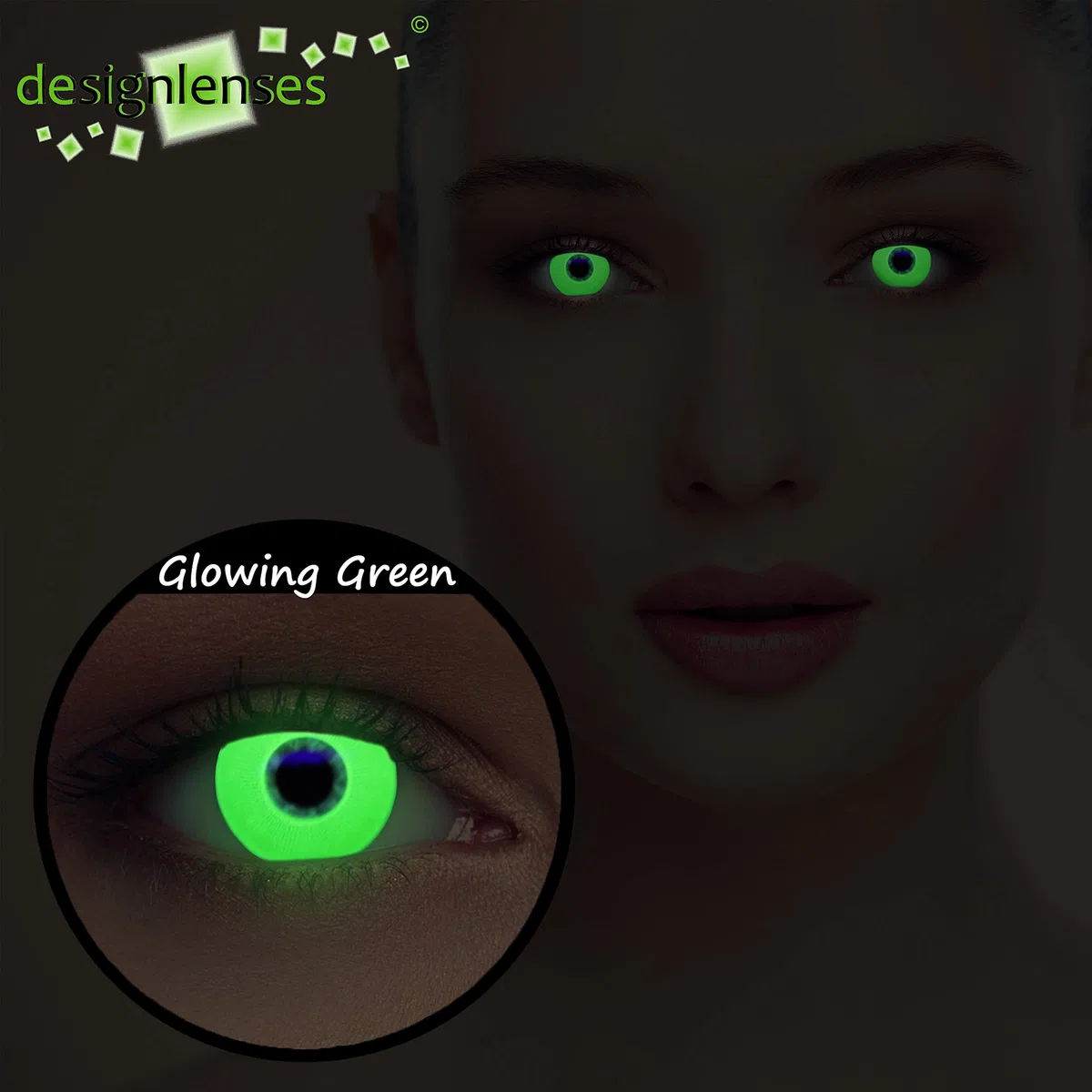 lenti a contatto colorate per costume di Halloween,bagliore/luminoso lenti, senza gradazione, 1 paio (2 pz) + custodia per lenti "Glowing" (Verde, 14.00, 0.00)