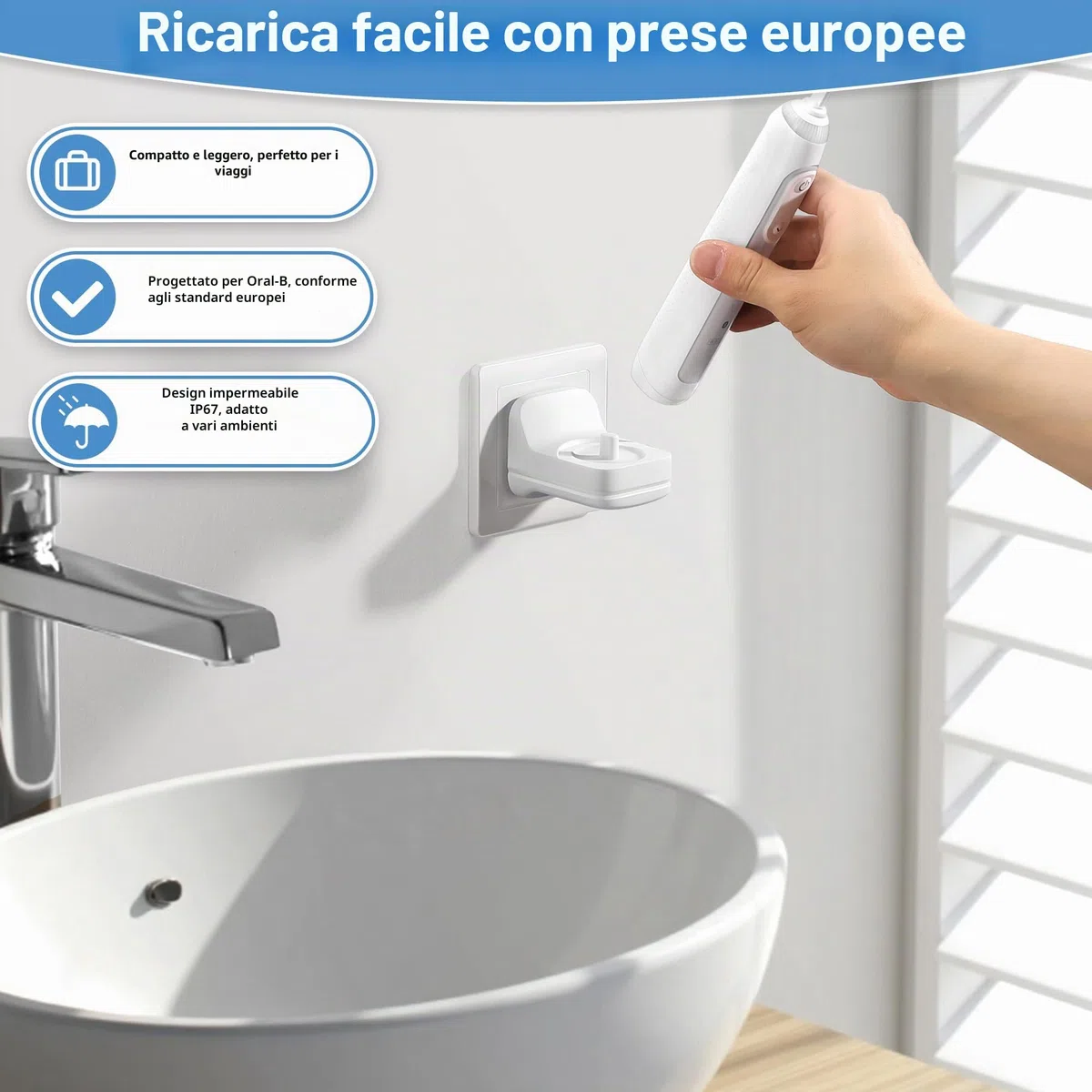 Caricabatterie per Spazzolino Elettrico compatibile con modelli Oral-B/Braun (esclusi serie IO7/8/9) Caricatore da muro per presa EU, impermeabile IP67