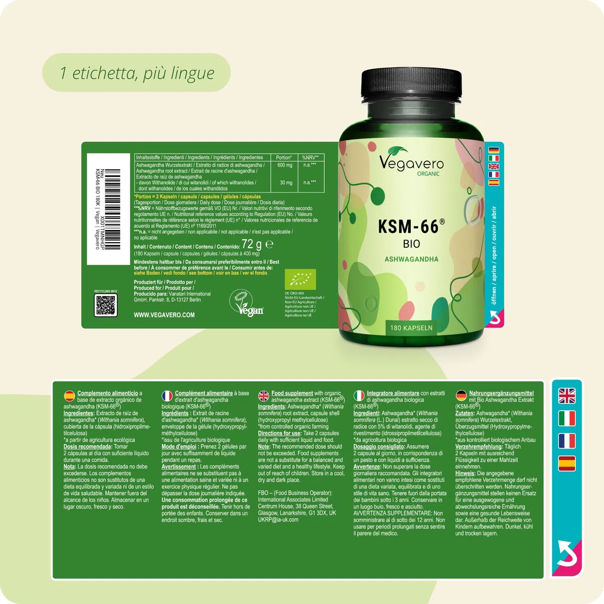 Ashwagandha KSM-66 Pura BIO | 600 mg per dose giornaliera | Alto Dosaggio di Withania Somnifera con 5% di Withanolidi | 180 capsule: 3 Mesi | Vegan e Senza Additivi | Vegavero