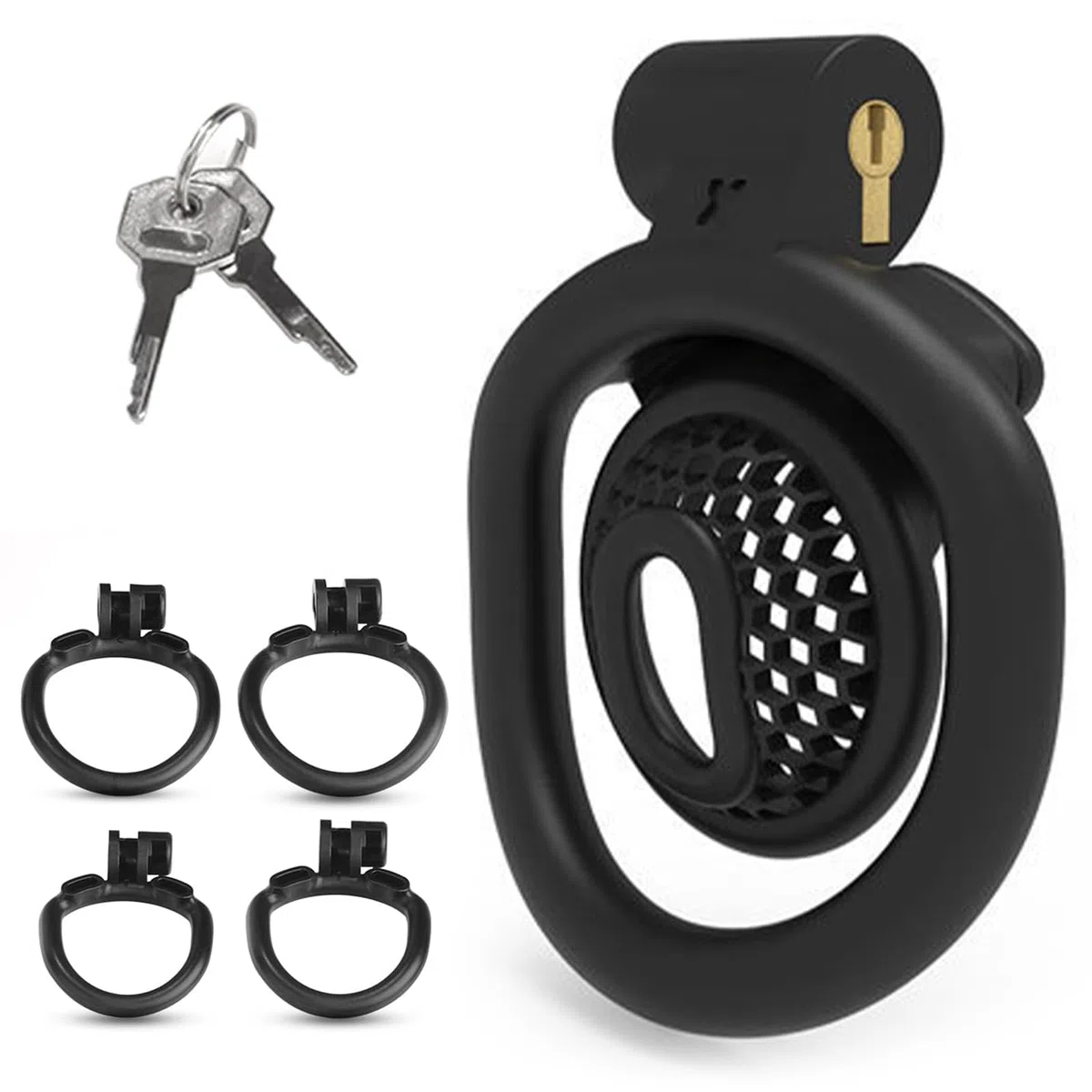 BDSMYEE Chastity cage per sissy, Piccola gabbia di castità traspirante, Gabbie per Pene con 4 cock rings, Male cock cage per Prevenire L'erezione (Nero, F)