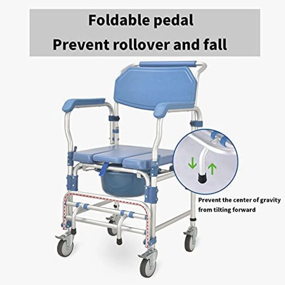 Sedia da toilette Sedia da bagno Sedia da doccia con braccioli e ruote Sedie a rotelle da bagno portatili Sgabello Camminatore con ruote con sedile for disabili Anziani feriti Disabili