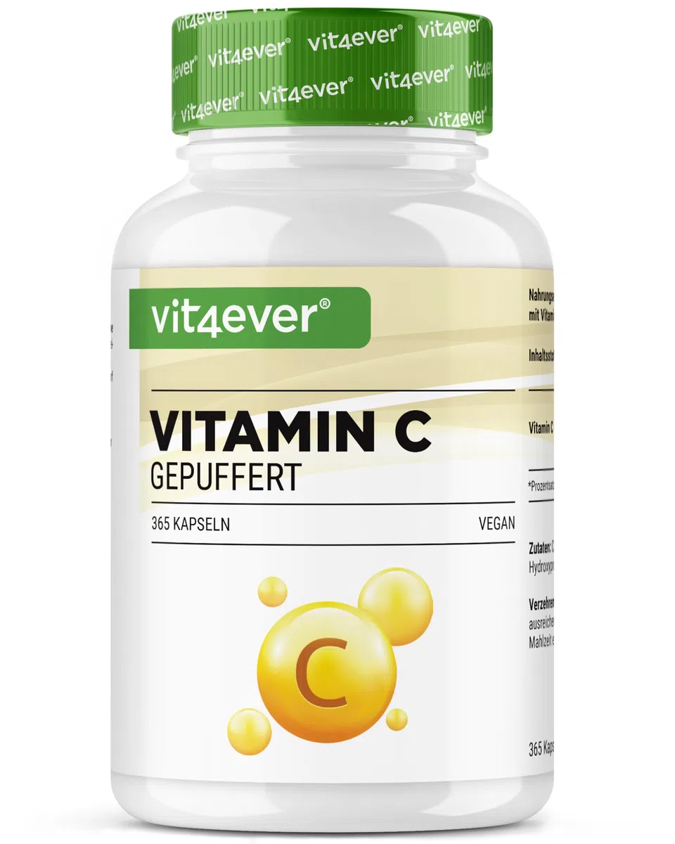 Vitamina C tamponata - 365 capsule - Dosaggio elevato di 1000 mg di vitamina C - Fermentazione vegetale (pH neutro, senza acidi, delicato per lo stomaco) - Vegan
