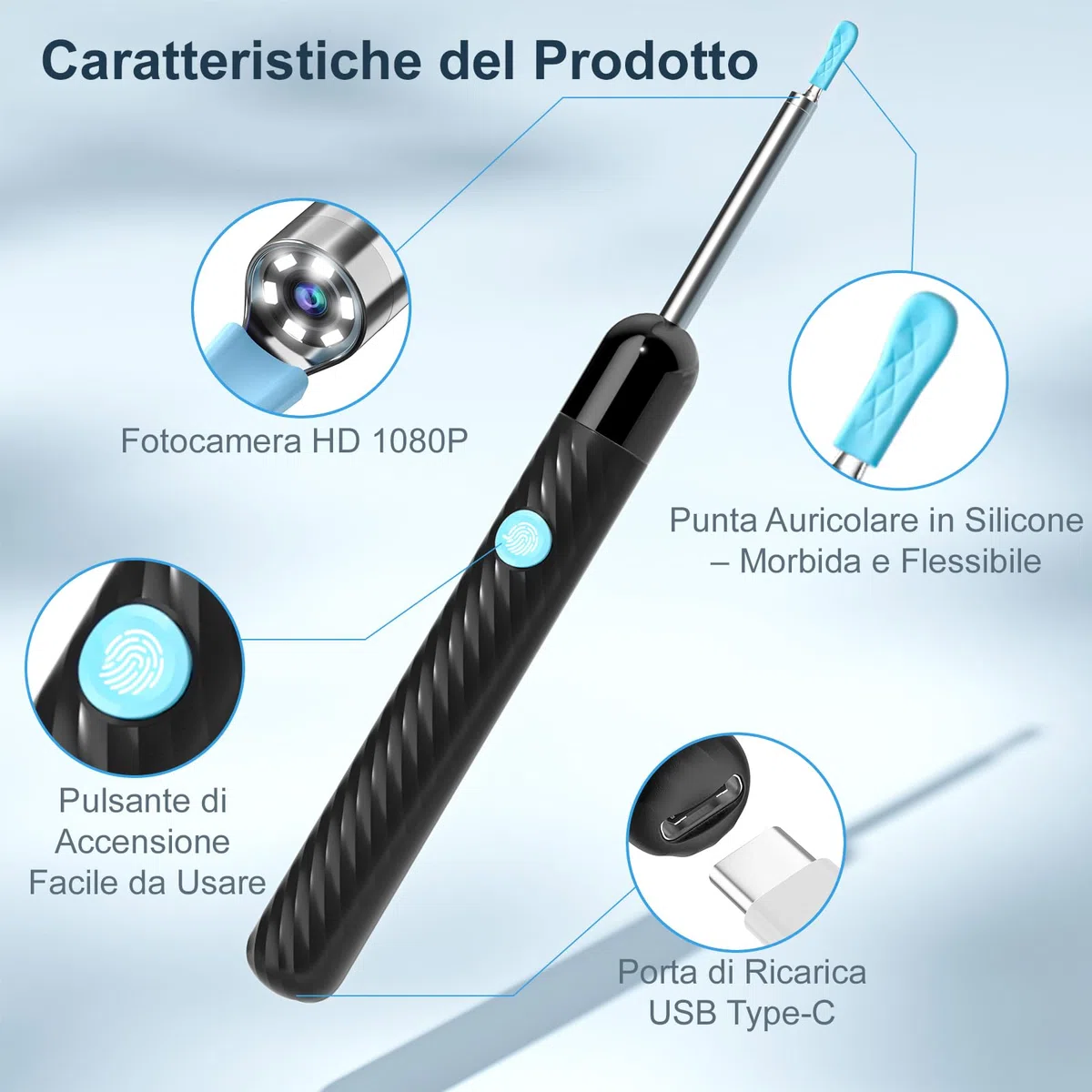 Otoscopio 1080P HD per Pulizia Orecchie – Pulisci Orecchie con Fotocamera a 6 LED – Cerume Orecchie Pulitore con 11 Coperture in Silicone – Compatibile con iOS e Android (Nero Lucido)