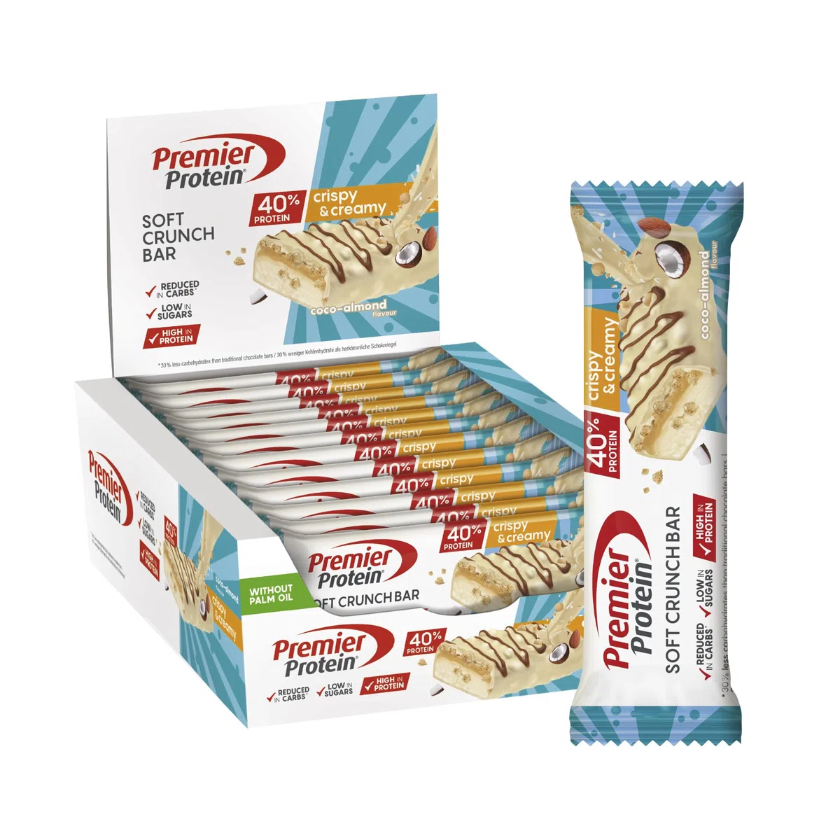 Premier Protein Soft Crunch Bar 40% Protein Coco-Almond 12x40g - Hoher Proteingehalt + Low Sugar + Palmölfrei
