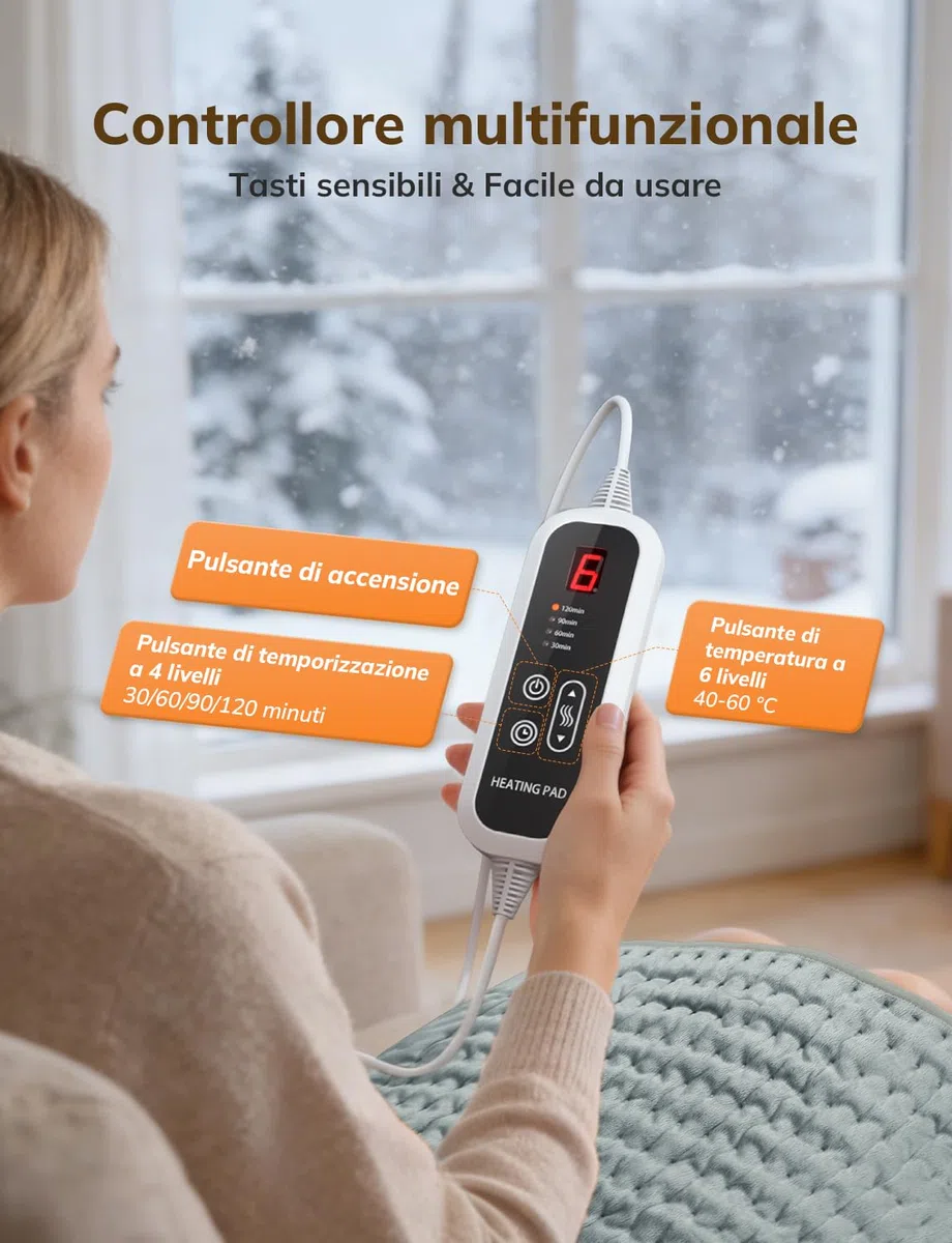 Termoforo Elettrico 60x30cm – Per Schiena, Spalle e Addome, 6 Livelli Di Temperatura, 4 Timer, Riscaldamento Rapido, Spegnimento Automatico, Lavabile In Lavatrice - Grigio Scuro