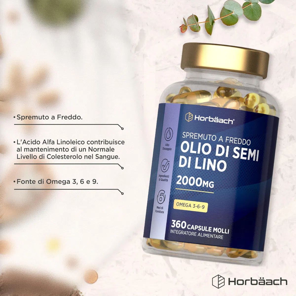 Olio di Semi di Lino 2000mg | Linseed Oil | 360 capsule | Omega 3 6 9 con acido alfa linolenico ad alta resistenza (ALA) | Supplemento spremuto a freddo | di Horbaach