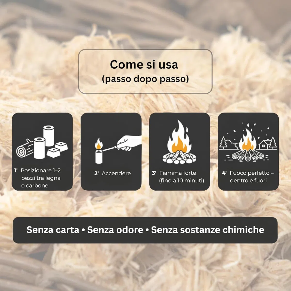 HORECA CANDLES Riccioli Accendifuoco Ecologico - Confezione da 250 Accendi Fuoco in Legna Arricchiti con Cera - Accensione Sicura, Pulita e Naturale per Carbonella, Barbecue, Camino, Stufa