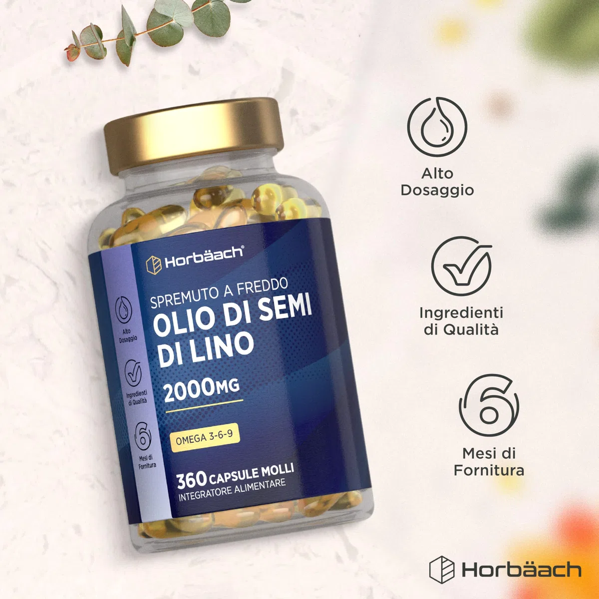 Olio di Semi di Lino 2000mg | Linseed Oil | 360 capsule | Omega 3 6 9 con acido alfa linolenico ad alta resistenza (ALA) | Supplemento spremuto a freddo | di Horbaach