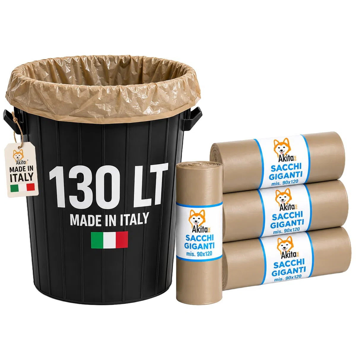 Akitaink 40 Sacchi Spazzatura Grandi 90x120 Ambra Super Resistenti Condominiali 130 Litri - Rotoli da 10 Pezzi, Made in Italy