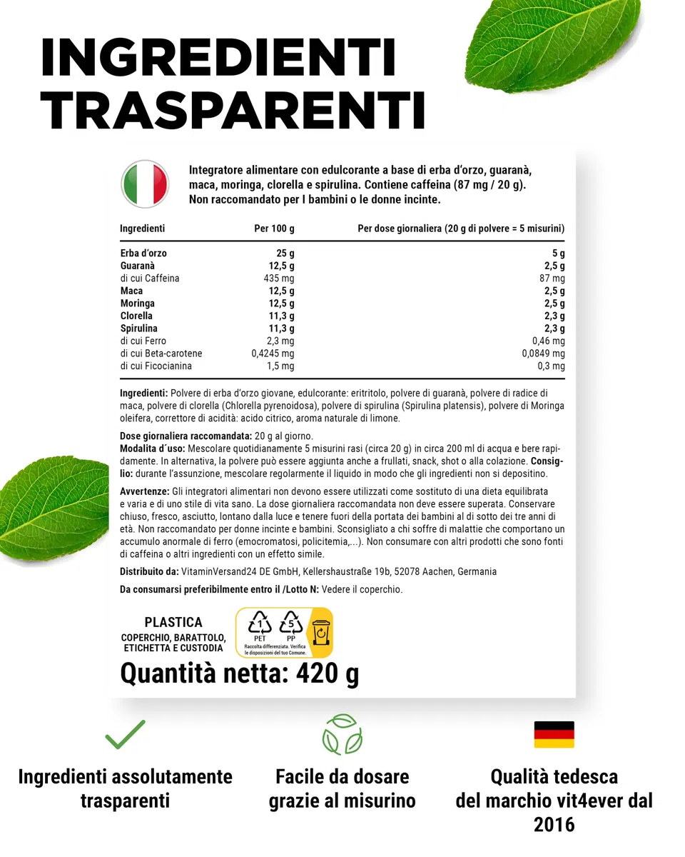 vit4ever Superfood Mix Polvere – 420 g con 6 Superfoods (Erba d'Orzo, Spirulina, Chlorella, Moringa, Maca e Guaranà) - con Gusto Naturale di Limone