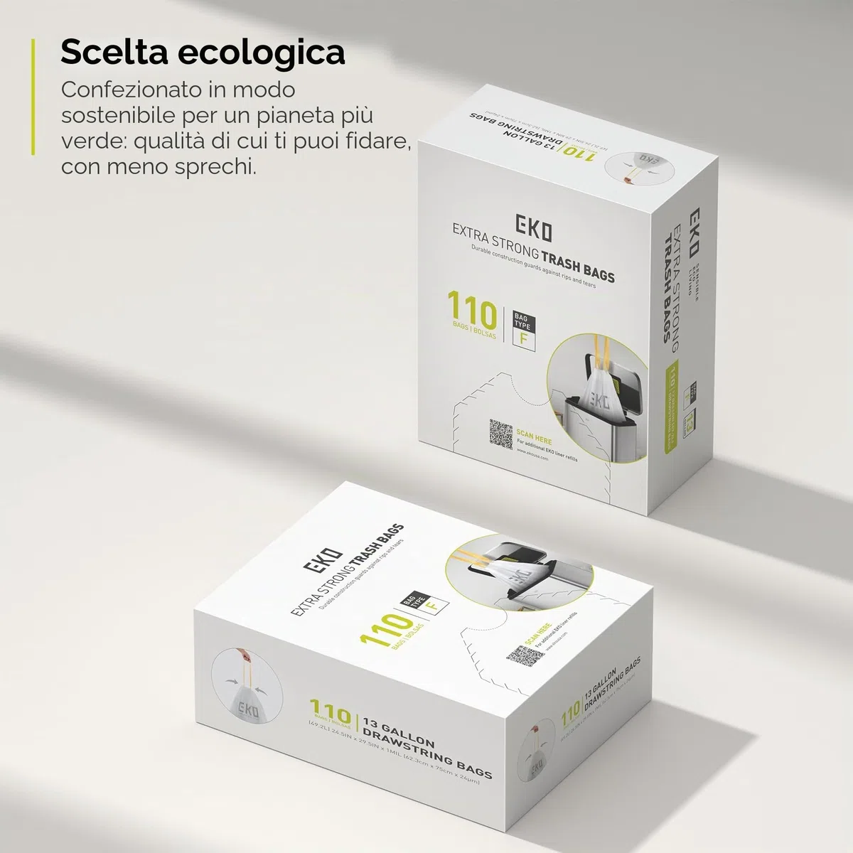 EKO - Sacchetti Pattumiera - Code F - 60 Pezzi - 40-60 Litri - Extra Resistenti Anti-Goccia con Maniglie a Chiusura Automatica - Bianchi - Ideali per Cucina e Casa