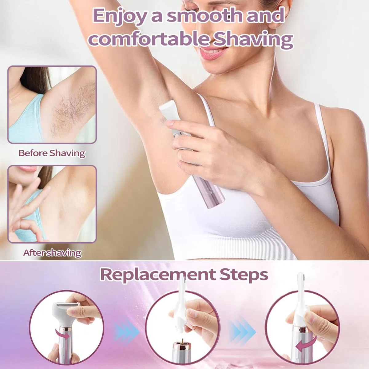 Rasoio Elettrico Donna, 4 in 1 Epilatore Viso Elettrico da Donne, Rasoio Parti Intime da Donna, indolore Depilatore Portatile per Corpo, Viso, Le Ascelle,La Linea Del Bikini e Le Sopracciglia