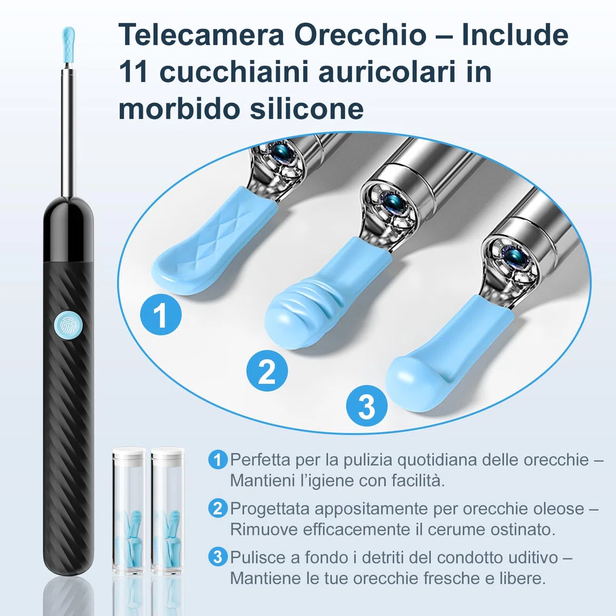 Otoscopio 1080P HD per Pulizia Orecchie – Pulisci Orecchie con Fotocamera a 6 LED – Cerume Orecchie Pulitore con 11 Coperture in Silicone – Compatibile con iOS e Android (Nero Lucido)